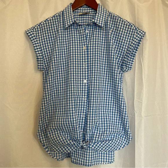 LOFT Women’s Button Down Gingham Blue White Short Sleeve Top Size XS - Picture 1 of 12